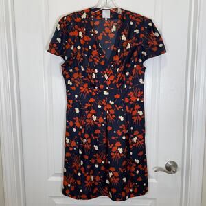 Hi There Karen Walker Floral Print Dress‎ Navy Orange Wrap Vneck Pockets 12